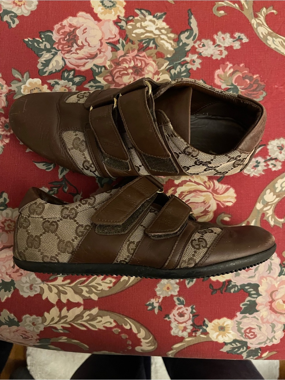 Vintage Gucci Brown Leather & GG Canvas Double-Strap Sneakers - Picture 3 of 6
